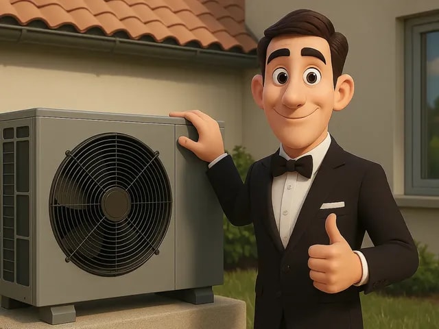 A 3D render of our eco butler presenting an air source heat pump in a garden