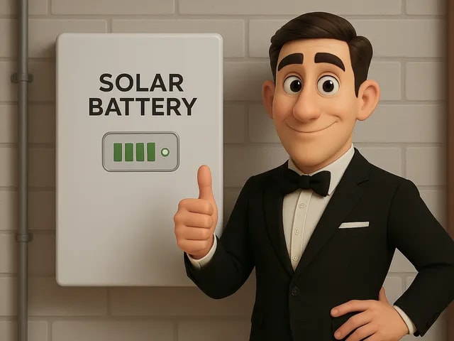 A 3D render of our eco butler stood presenting a battery storage unit