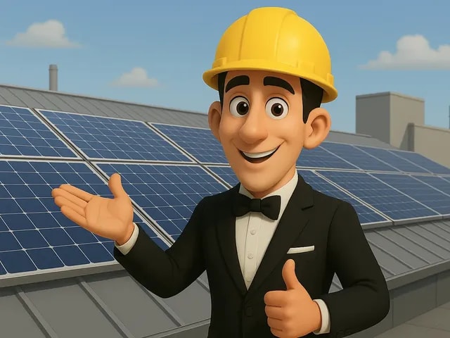 A 3D render of our eco butler stood on a roof, presenting commercial solar panels.