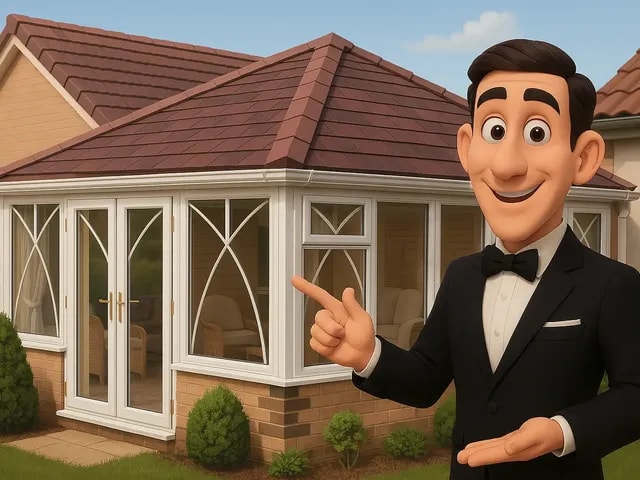 A 3D render of our eco butler in a garden presenting a conservatory