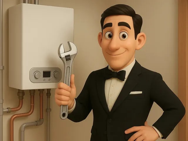 A 3D render of our eco butler presenting a hydrogen boiler while holding a spanner