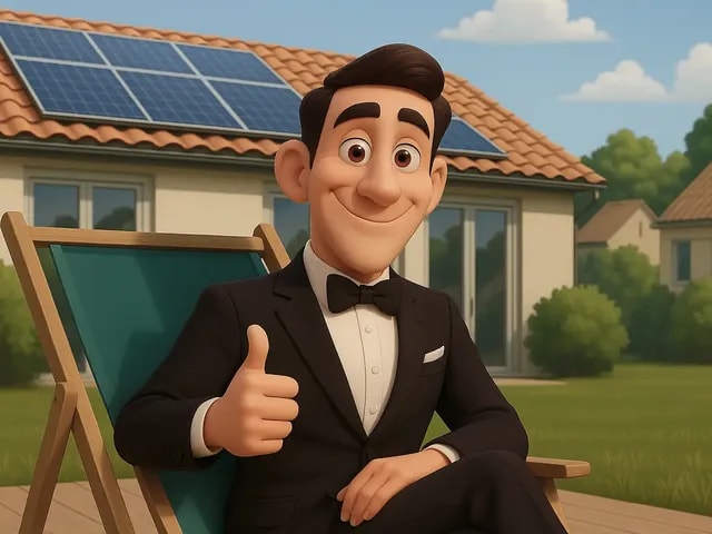 A 3D render of our eco butler on a deck chair in front of a house with solar panels