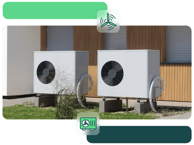Image of two air source heat pumps with additional illustrations and icons overlaying