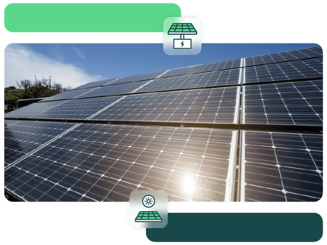 Image of a solar panel from a low angle with additional illustrations and icons overlaying