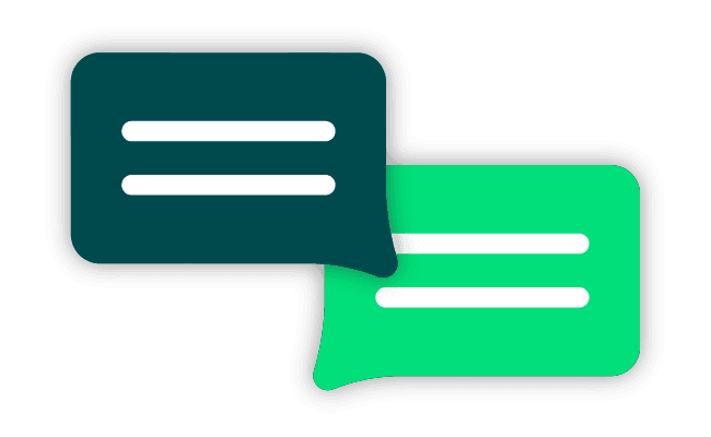 A illustrated graphic of two speech bubble icons, one dark green and one light green
