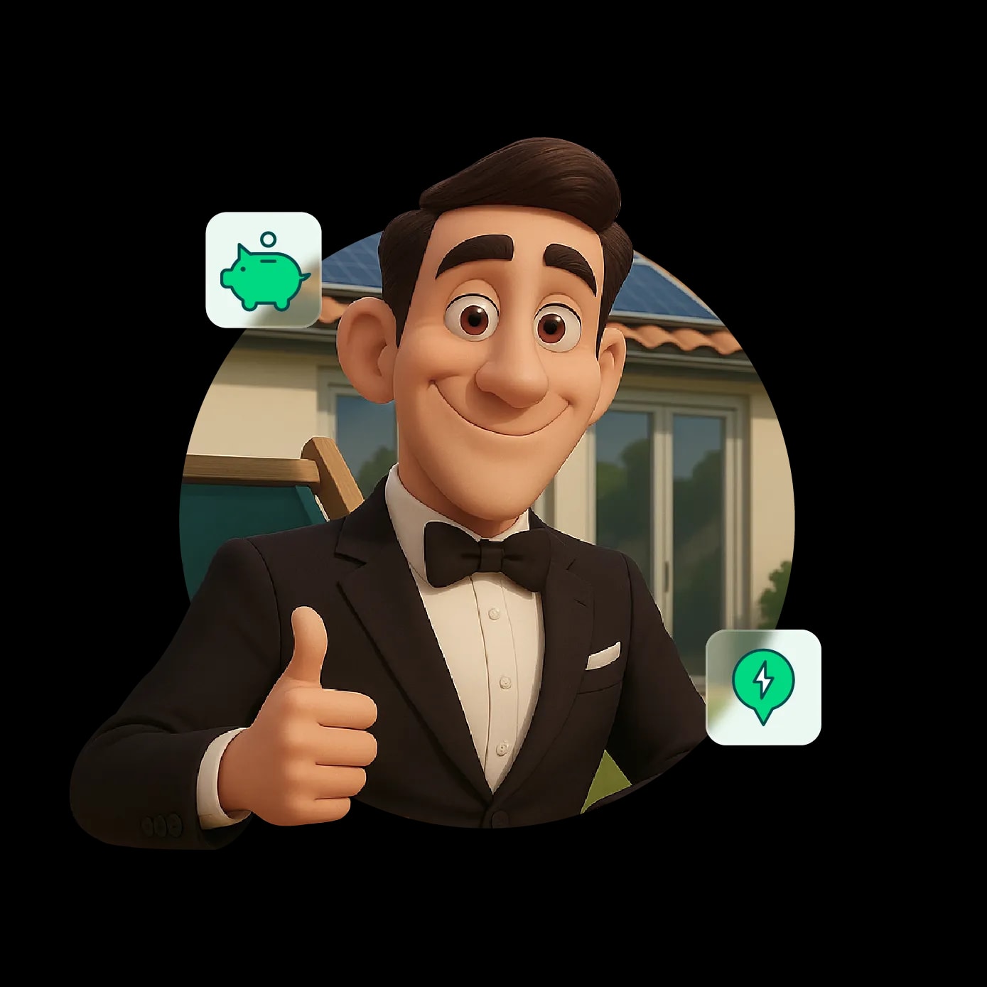 EcoButler with thumbs up infront of a house with solar panels on roof, with floating icons overlaying