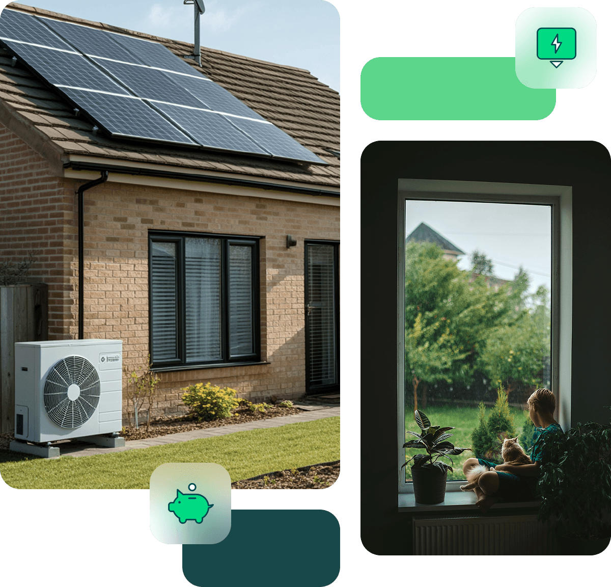 A decorative grid with one image that shows a 3D render of a house with air source heating and solar panels. The second image shows a boy sat looking out of a window.