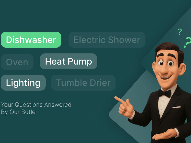 A decorative blog banner showing tags that highlight the potential appliances using the most electricity with the butler pointing to them, the text below says "Your questions answered by our Butler"