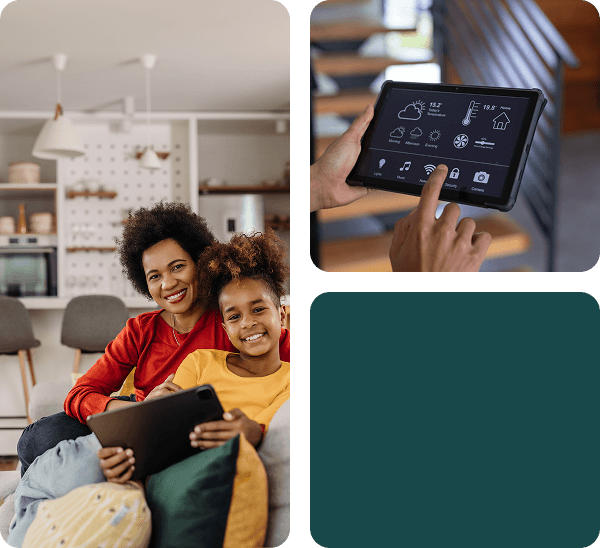 A decorative grid showing a photo of a mum and daughter holding a tablet smiling at the camera and a second image showing a tablet with temperature controls