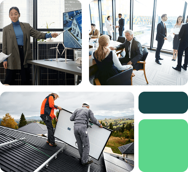 A decorative grid showing an image of office workers and a photo of workers installing a solar panel on a roof